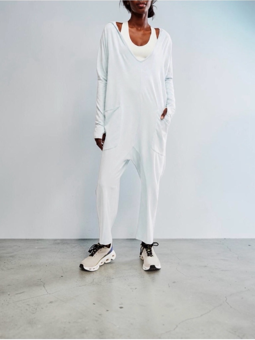Free People FP Movement Hot Shot Hooded Long Sleeve Onesie- Artic Snow - L